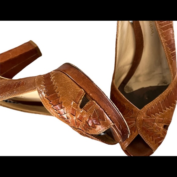 Cole Haan Brown Leather Retro Style Slingback Platform Heels size 8.5 - Picture 3 of 7